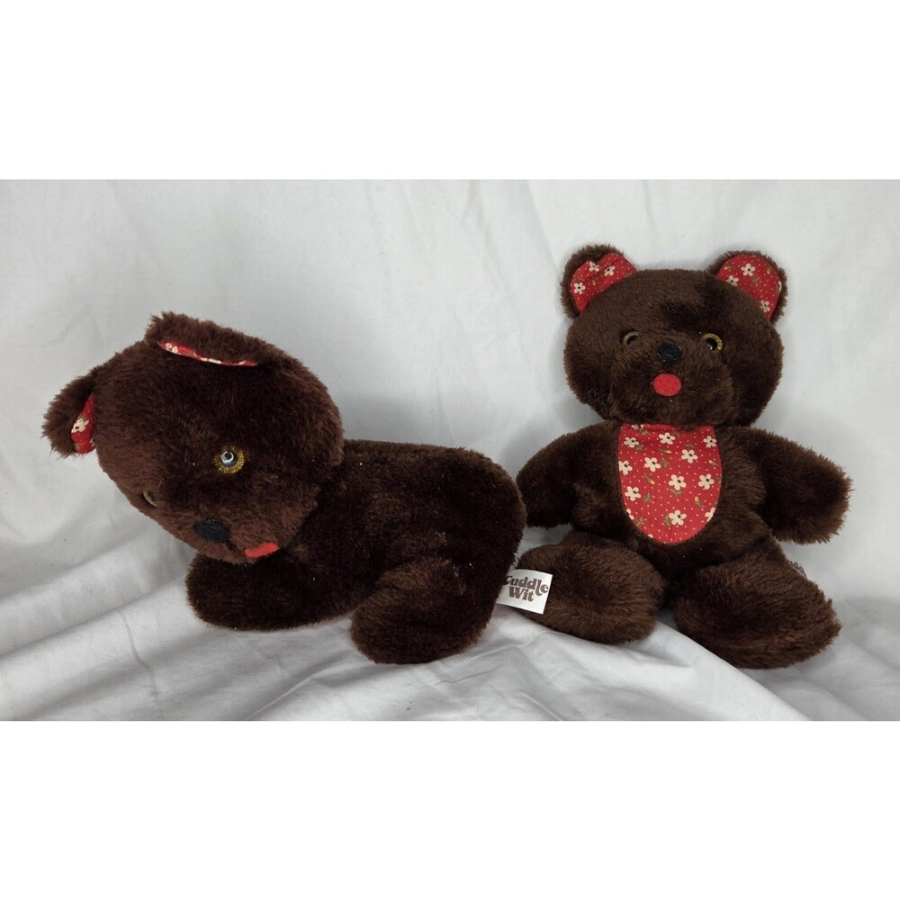 Vtg CUDDLE WIT Plush Brown Teddy BEAR Floral Belly & Ears Yellow Eyes Taiwan Lot
